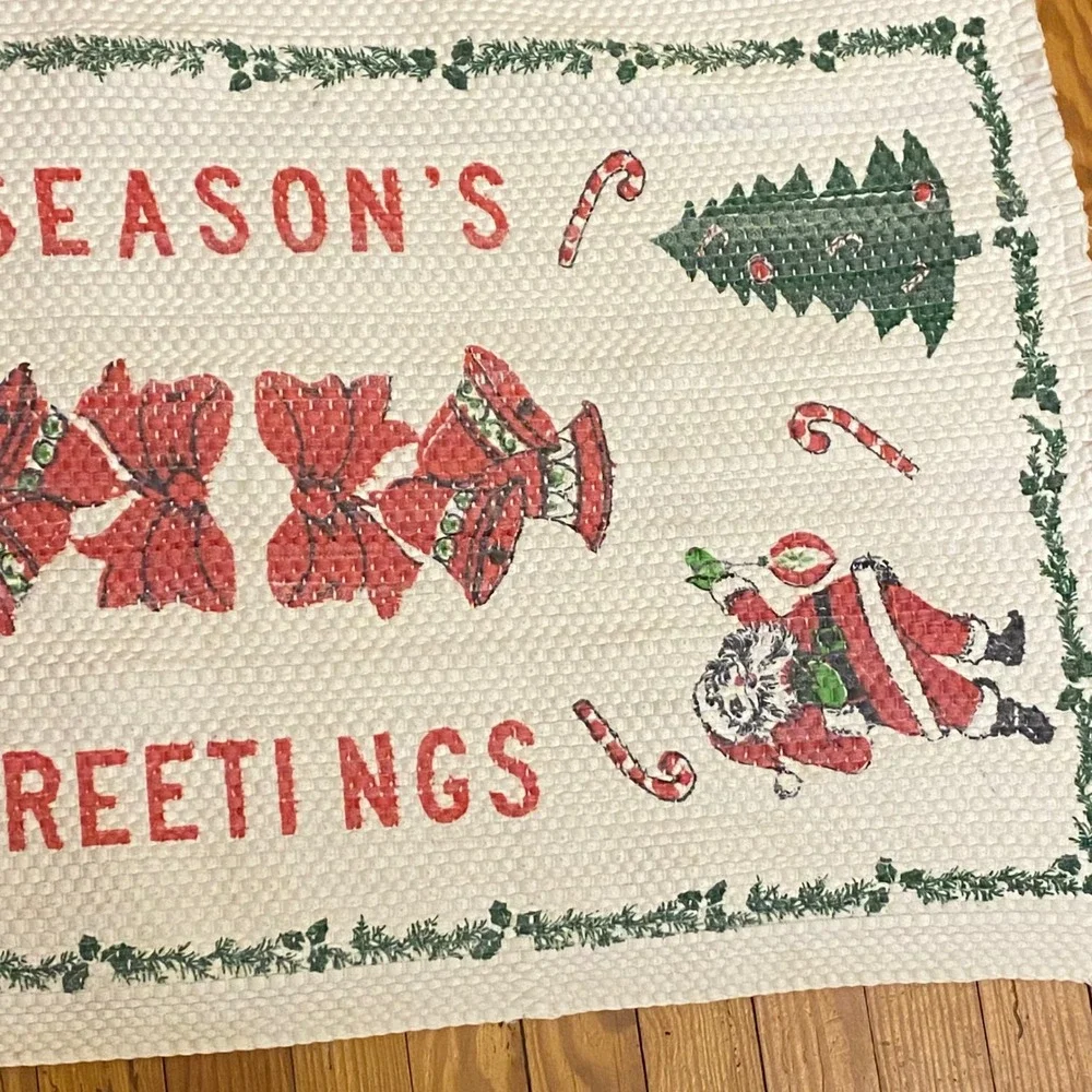 Vintage Christmas Seasons Greetings Santa Tree Bells Woven Rag Rug Holiday Decor